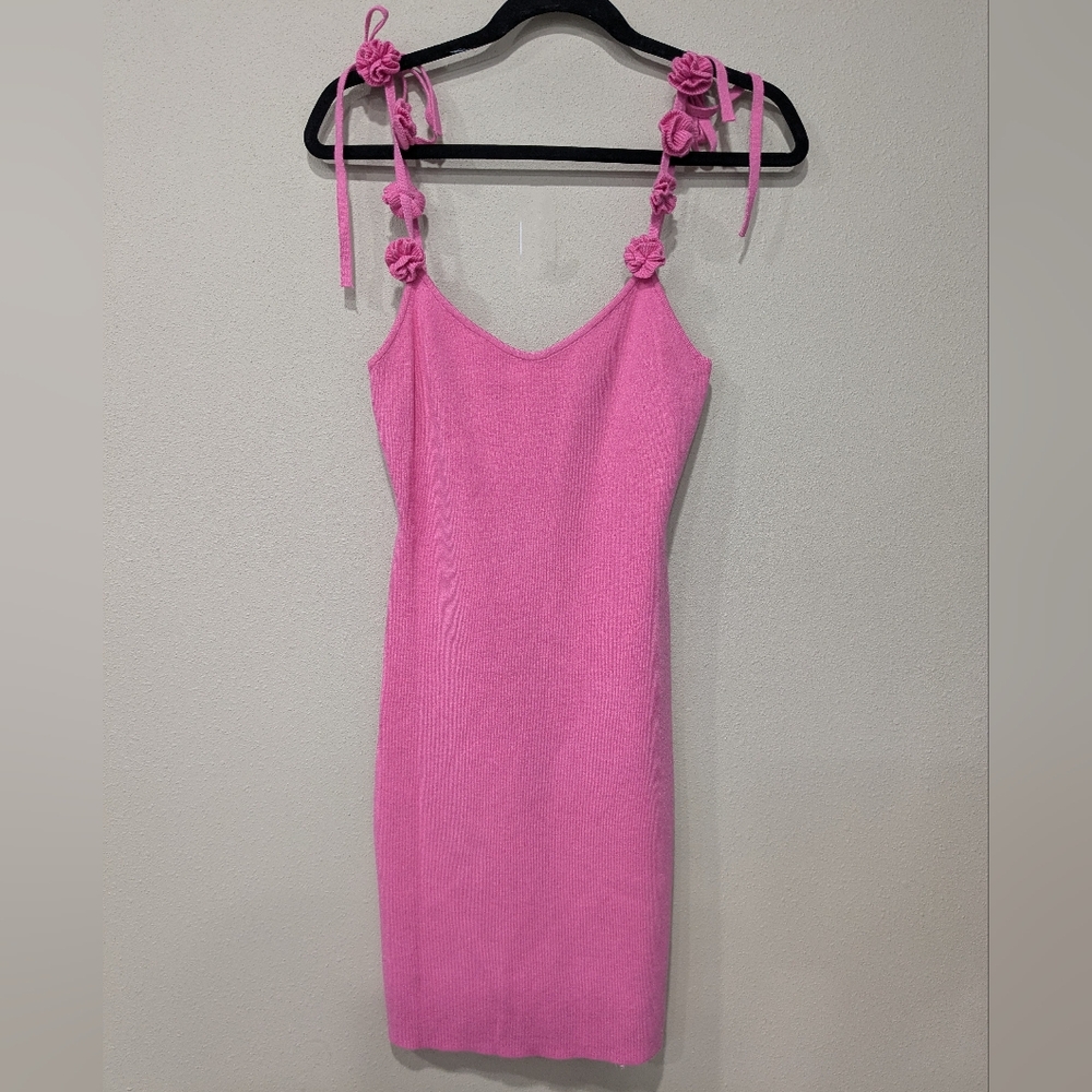 Lena Chic Pink Knit Dress with Floral Adj tie Straps NWOT